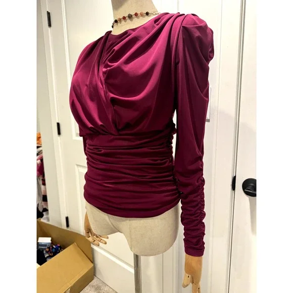 Deep Pink Blouse With Ruching, asymetrical, Puffy upper - Picture 4 of 7